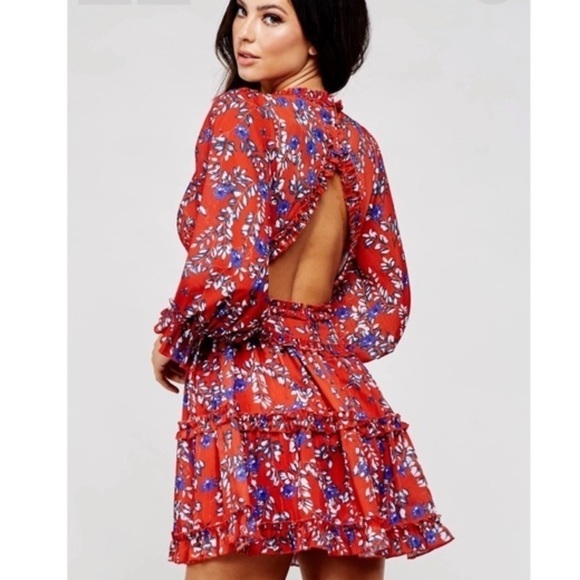 L'ATISTE by Amy‎ Anthropologie Red Floral Long Sleeve Open Back Short Dress Sz S - Picture 14 of 14